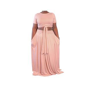 Womens Plus Size 2 Piece Short Sleeve Bandage Wrap Empire Crop Top- Pale Pink